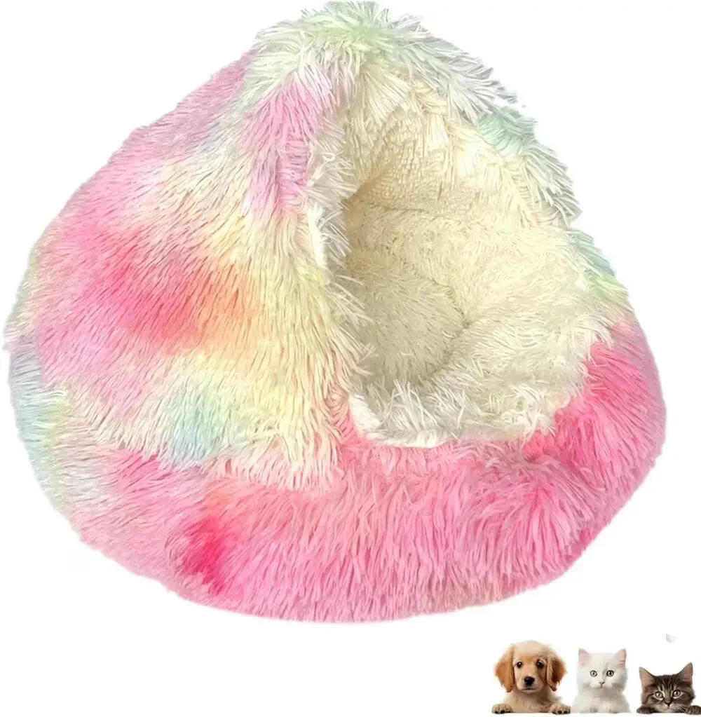 ShinHye Cat Bed Round Plush Fluffy Hooded Cat Bed